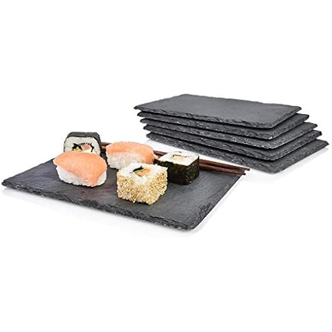 SÄNGER | Schieferplatte im 6er Set, Teller Set eckig, Servierplatte rutschfest, Deko Tablett, Sushi Set aus Schiefer Cover