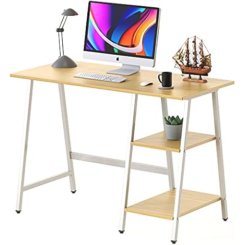 SHW Trestle Home Office Computer Desk, Oak Cover