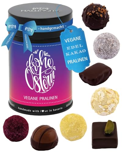 Hallingers Genuss Manufaktur Vegane Pralinen Ostergeschenk – mit & ohne Alkohol, handgemacht & zart schmelzender Edelkakao in edler Geschenkdose Frohe Ostern, Geschenkidee für Osterkörbchen zu Oster