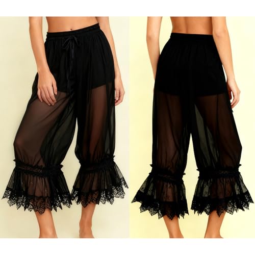 Image of UAURORAO Women Lace Trim Long Bloomers Elastic Mid Rise Ruffle Pantaloons Cropped Flared Slips Pants Pajama Bottoms