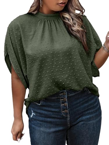SOLY HUX Women's Plus Size Swiss Dots Blouse Mock Neck Half Sleeve Tie Back Tops