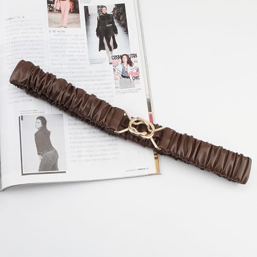 Women's Stretch Soft Leather Waist Belt Pleated Thin Full Elastic with Gold Buckle Corset for Youth Girl Dress4