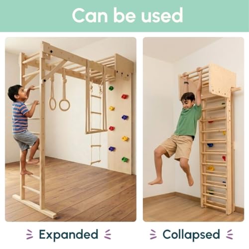 Image of Curious Cub Foldable Jungle Gym for Kids Indoor | Contain Rock Climbing for Kid At Home, Gymnastic Rings, Wooden & Wobble Ladder, Monkey & Trapeze Bar for Kids to Play Indoor Fun Activity for Ages 2+