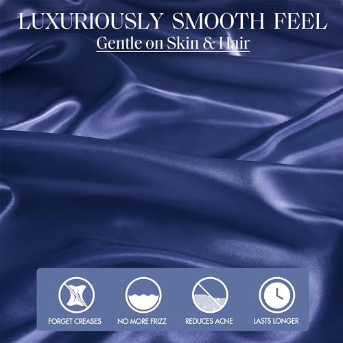 Image of Madison Park Essentials Satin Sheets Queen Size Bed Set, 6 Piece, Navy | Luxury and Smooth Silky Bedding with Natural Sheen, All Around Elastic 14 inch Pocket fits up to 16 inch Mattress, Year-Round Cozy