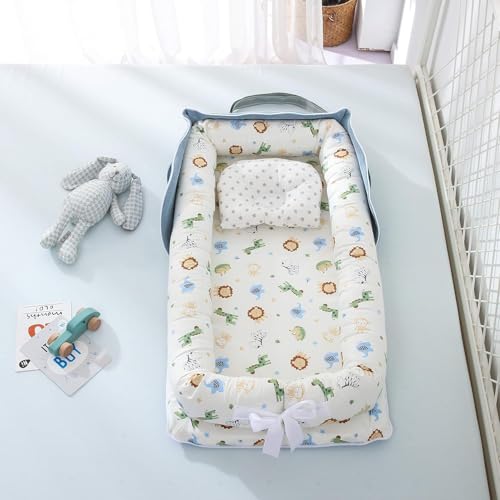 ベビーベッド 新生児 枕付き ベッドインベッド 折りたたみ式 携帯型ベビーベッド 添い寝 ポータブル 出産祝い 通気性洗濯可能 0-24ヶ月 グレー (荷物アニマルワールドブルー)
