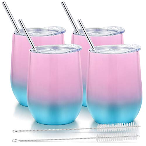 Fungun 4 Pack Stemless Wine Tumbler, 12 Oz Stainless Steel Wine Glass with Straws, Unbreakable Double Wall Cup Insulated Tumbler with Lids for Wine, Coffee, Drinks, Cocktails, Champagne(colorful1)