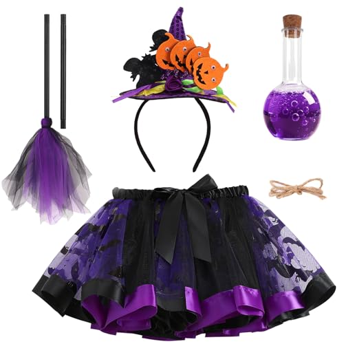 4er Hexenkostüm Kinder Set,Halloween Kostüm Kinder Hexe Tutu Rock mit Hexenbesen & Stirnband & Zaubertrank Flasche,Hexen Kostüm Mädchen Halloween Witch Costume Hexenkleid für Fasching Karneval