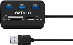 Hub USB 3.0, Leitor de Cartões Multifuncional, Preto, 3 Portas USB, Compatível com SD, M2, Micro SD