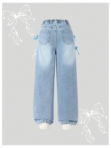 WDIRARA Girl's Cute Bowknot Elastic Waist Jeans High Waisted Straight Leg Denim Pants2