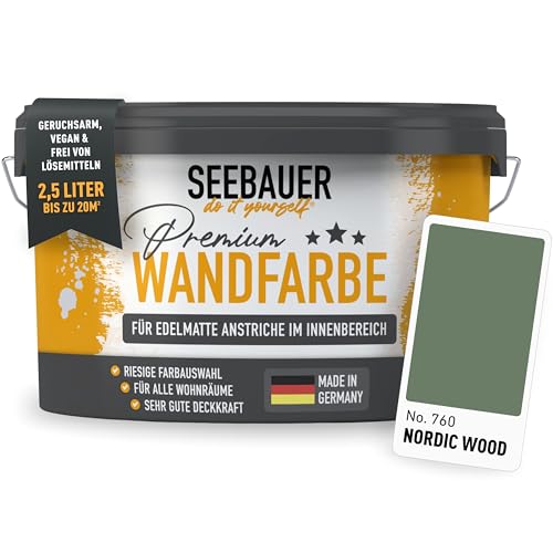 SEEBAUER diy Wandfarbe Grün 2,5L für Innen (No. 760 Nordic Wood) Edelmatte dunkelgrüne Innenfarbe - Grüntöne...