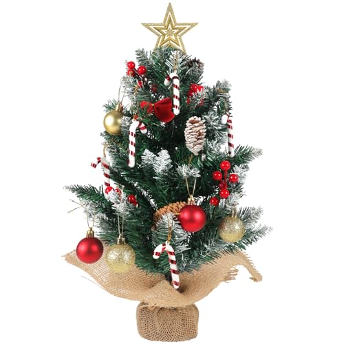HOWAF Arbol de Navidad Pequeño, Mini Arbol de Navidad Nevado Artificial 60 cm para Navidad Decoración Casa o Oficina de Mesa, con 27 Decorado Adornos de Bolas