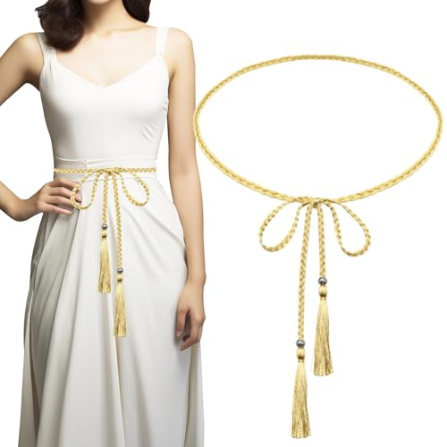 2 Pack Tassel Braided Waist Belt for Women Skinny Tassel Belts Dress Waist Belts Woven Tassel Chain Belt for Skirt Dress