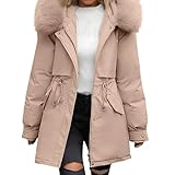 Wintermantel Damen Mittellang Winterjacke Warm Gefüttert Fleece Parka Mantel Mit Kapuze Kunstpelzkragen Jacke Frauen Winter Winterparka Verdickene Outdoor Übergangsjacke Mit Zipper(Khaki,Medium