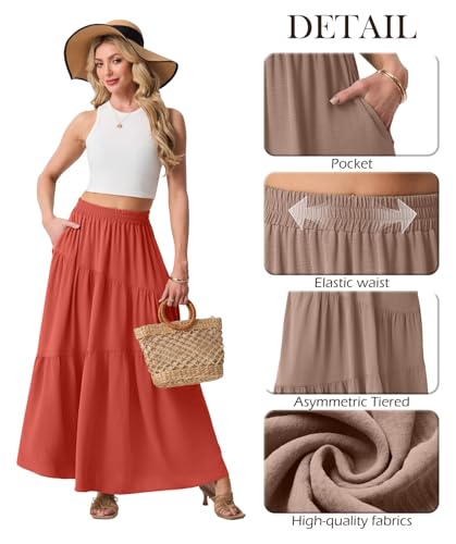 GRECERELLE Maxi Skirt for Women Casual Boho Tiered A-Line Flowy Beach Long Skirts with Pockets for Summer Beach Vacation, Living Coral, XS — view 4