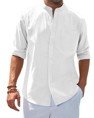 siliteelon Leinenhemd Langarm Stehkragen Herren Hemd Casual Sommer Businesshemd Regular Fit Freizeithemd Beach Leichte Shirt Weiß XL