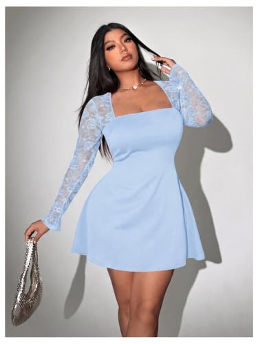 Image of Floerns Women's Plus Size Lace Sheer Long Sleeve Square Neck Mini Dresses | A Line, Curvy, Flare, Birthday, Night Out, Party, Wedding Guest, Formal, Mini Dress