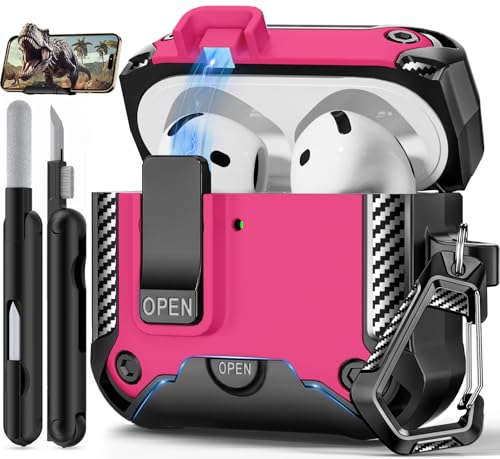 Image of for AirPods 4 Case with Lock & Phone Stand(Rose red) | Automatic Snap Switch Lock,Carbon Fiber Texture Design Cover with Cleaner Kit