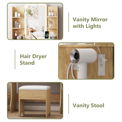 Image of Small Vanity Desk with Mirror and Lights, Makeup Vanity with LED Lighted Mirror, Fluted Vanity with Lights Desk and Chair, 3 Lighting Adjustable Dressing Table with Charging Station for Women,Girls