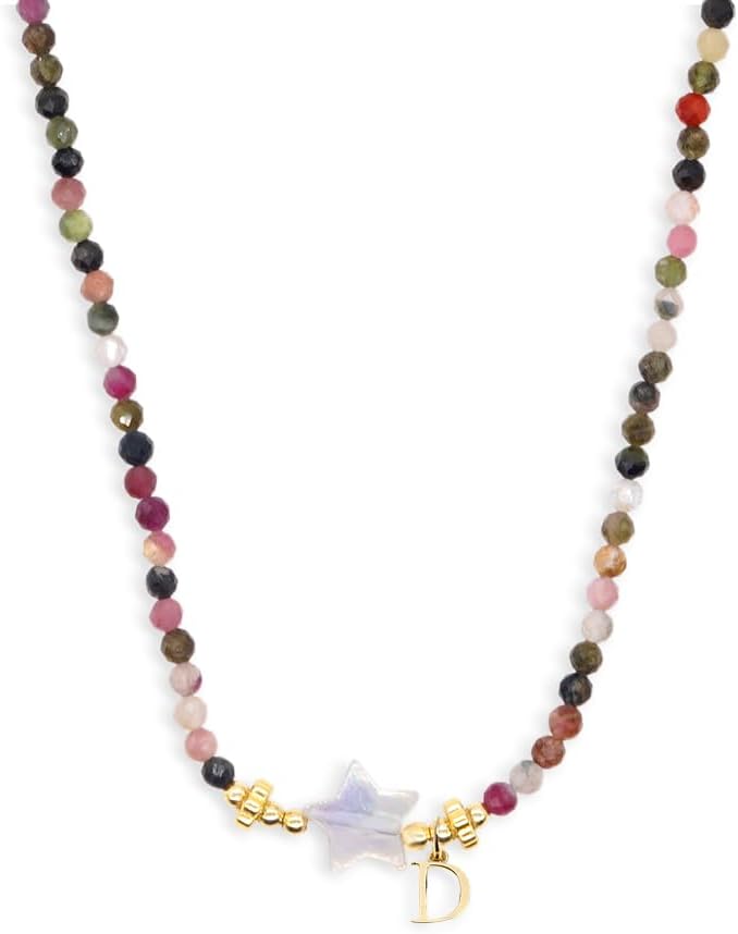 Gemstone Beaded Initial Star Choker Necklaces for Women Teen Girls, Boho Handmade Gold Natural Stone Beads Letter Name Necklace Surfer Beach Bohemian Jewelry Gift