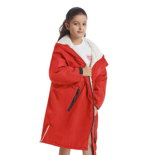 Image of Warm Thick Lambswool Swim Parka for Kids, Oversized Hooded Surf Poncho Loose Waterproof Swimming Coat(7-14 Years Old)