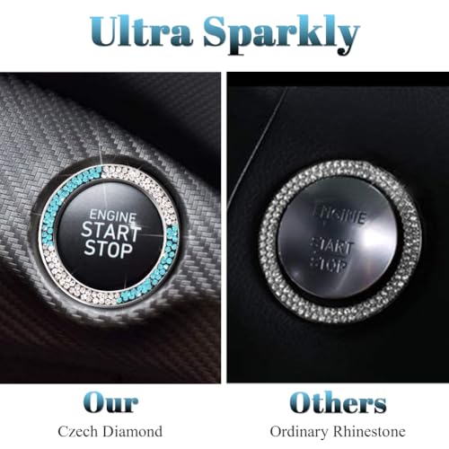 Image of ToBeQueen Teal Bling Push Start Button Cover Emblem Sticker, Crystal Diamond Rhinestone Blue Engine Start Ring Car Decor, White and Teal Bling Car Accessories for Women,Lake Blue