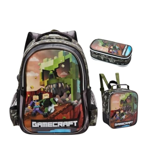 Kit Mochila de Costas Lancheira Estojo GameCraft Zombie 3 Peças Infantil