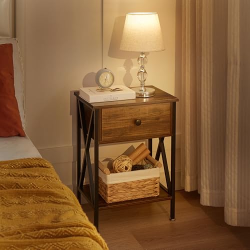 Image of VECELO Nightstand,Modern Bedside End Table, Night Stand with Drawer and Storage Shelf for Living Room Bedroom, Industrial Metal Frame