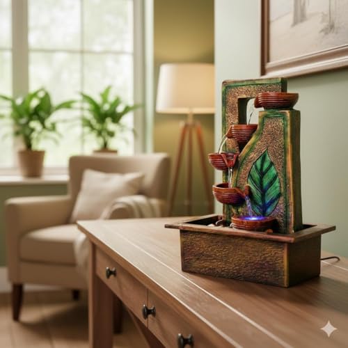 Image of Indoor Tabletop Water Fountain, Polyresin Cascading Waterfall Showpiece with Running Water and Light, Decorative Fountain for Home, Office, Living Room, Meditation, Vastu, Desk Decor