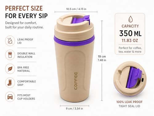 Image of Kitchivo Multipurpose Insulated Travel Mug - 350ml | Double Wall Stainless Steel Flask for Coffee, Tea & Milk | 100% Leak-Proof | Keeps Hot & Cold for Hours | Car Friendly (Soft Beige)