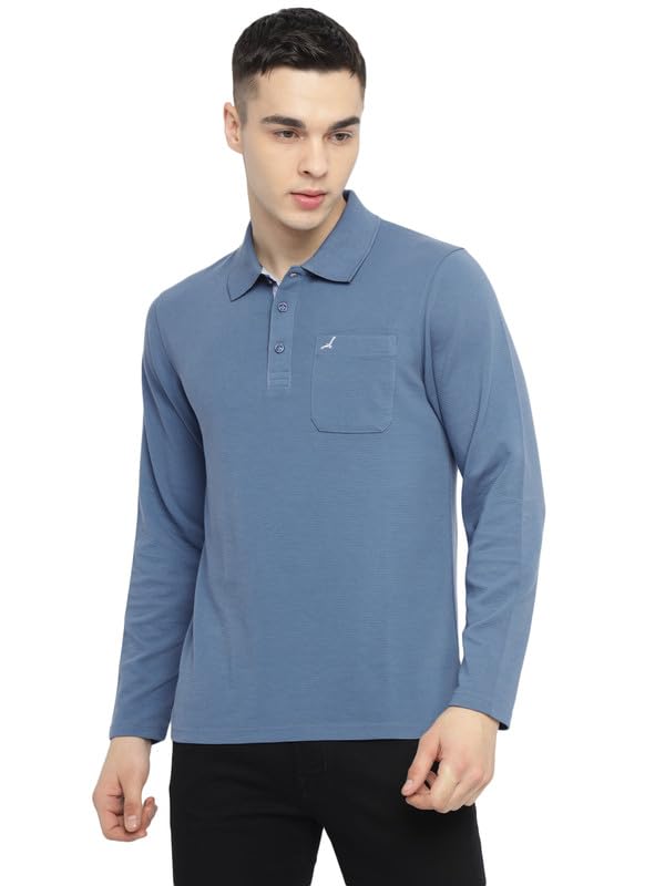 Image of AMERICAN CREW Men's Full-Sleeve Polo Collar T-Shirt with Pocket | Corduroy Knit | Premium Cotton Blend