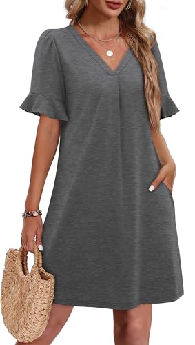 OFEEFAN Casual Dresses for Women Short Sleeve V Neck Dress Loose Fit Shift Dresses for Women with Pockets Dark Grey XL