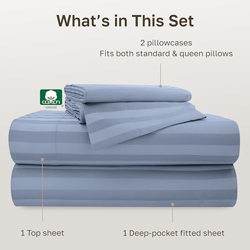 Image of California Design Den 500TC 100% Cotton Full Sheets Set, Light Blue Stripe | Good Housekeeping Seal, OEKO-TEX Certified, Silky-Soft Sateen Weave, 4pc Set, 16 inch Deep Pockets, For Hot Sleepers, All-Season