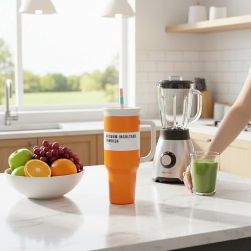 Image of HomeCloud 1200ml Insulated Coffee Tumbler with Lid - Double Wall Travel Mug for Hot & Cold Drinks, Leak-Proof, Durable, Portable, Stylish Stainless Steel Design (Orange)