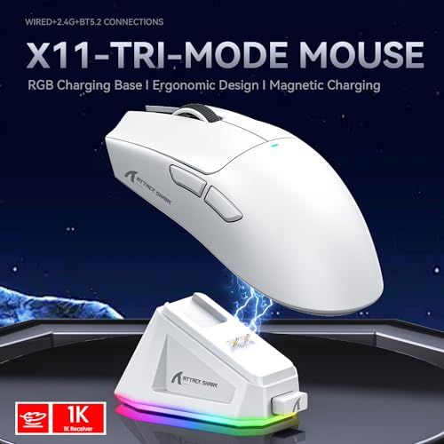 Image of Attack Shark X11 Wireless Gaming Mouse with PAW3311 Sensor, 22000 DPI, Tri-Mode Connectivity, RGB Lighting, and Magnetic Fast Charging Dock- Lightweight and Durable Design (Red)