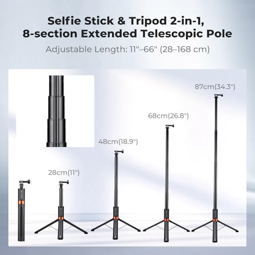 Image of K&F CONCEPT 66 inch 2-in-1 Invisible Selfie Stick Tripod for Insta360 X5 /X4 /X3 /DJI Osmo 360, Extension Pole Adjustable Handle Grip for Insta 360 Luna Ultra, GoPro, DJI Osmo Pocket 3 /4, Action 5 Pro /6 /4 /3
