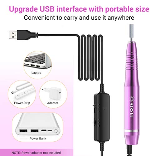 AIRSEE Electric Nail Drill, USB Manicure Pen Sander Polisher, Professional Compact Electrical Nail Files Electric Kit, Efile Nail Drills For Acrylic Nails, Manicure Pedicure Shape Nail Supply, Purple