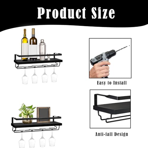 STFALI Weinregal Wand 2 stück, Bar Regal Wand Mit Glashalter, Flaschenhalter Schwarz, Wandmontierte Weinregale Geeignet für Küchen, Bars Und Restaurants