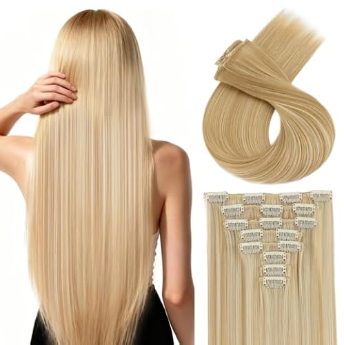 Image of TESS 18 Inch Clip in Hair Extensions 8 PCS 17 Clips (130 g) Natural Long Straight A13 Synthetic Fibers Full Head Double Weft Hair Pieces for Women UK #H39 Ash Blonde & Bleach Blonde