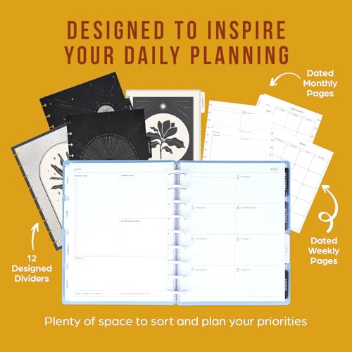 Happy Planner Sustainable Disc-Bound 12-Month Daily, Weekly, and Monthly Planner, Jan.–Dec. 2025, Classic Size, Dashboard Layout, Linear Galaxy, 72 Pages, 12 Dividers, 2 Sticker Sheets, 7" x 9.25"