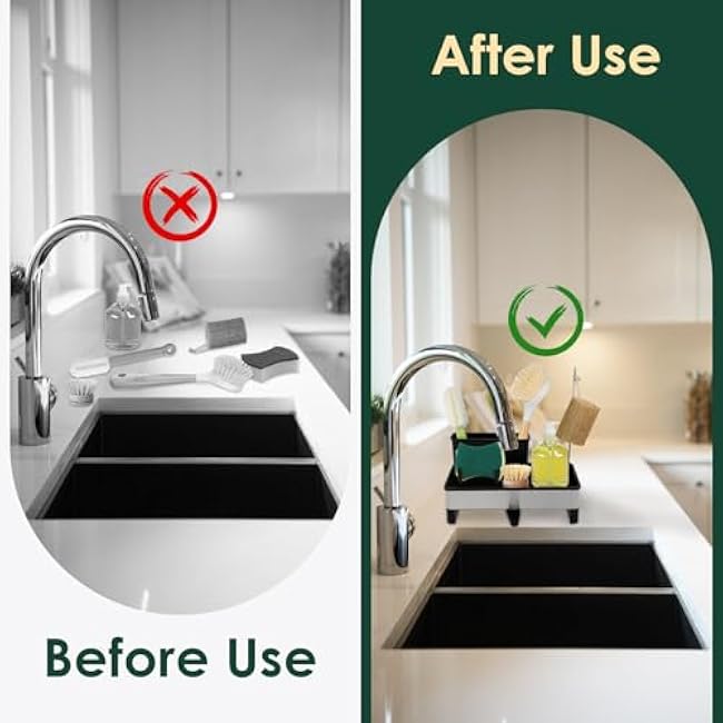 Sponge Holder for Kitchen Sink, Stainless Steel Sink Caddy with Auto-Drain, Space-Saving Kitchen Sinks Organizer with Removable Brush & Dishcloth Rack, Dish Sponge Holder for Countertop