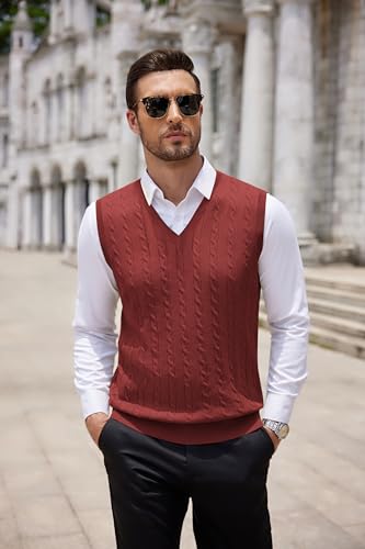 Image of COOFANDY Men's Sweater Vest Cable Knitted V Neck Slim Fit Sleeveless Pullover Sweater