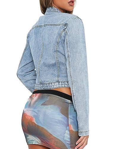Women's Stretchy Cropped Jean Jacket Zip Front Motorcycle Short Light Wash Denim Jacket3