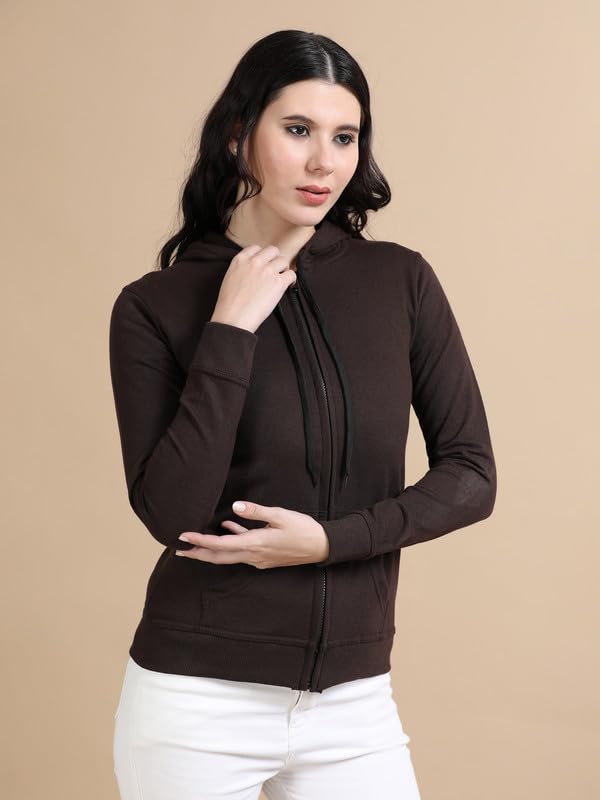 Image of Wafaa Women's Cotton Plain Hooded Neck Full Zipper Sweatshirt Hoodies with Kangaroo Pocket