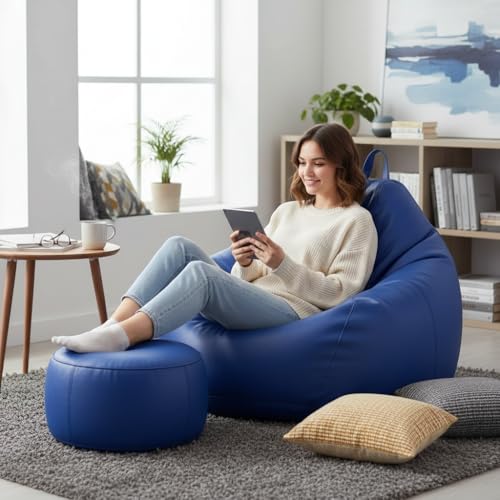 Image of KAM'S LIEU 6XL Premium Leatherette Bean Bag Combo with Footrest & Cushion | Pre-Filled with EPS Beans | Double Stitched | 6 Months Warranty | Royal Blue