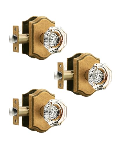 Gobrico Antique Brass Bronze Closet/Hall Passage Door Knobs Keyless Interior Door Handles with Clear Crystal Glass Knob,Aged Bronze Plate Door Levers of 3 Set