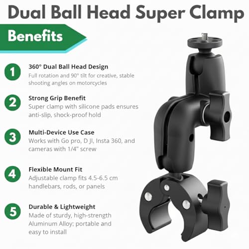 Image of yantralay 360 Adjustable Motorcycle Bike Handlebar Mount for Go pro, D JI, Insta 360 | Dual Ball Head Super Clamp with 1 /4 inch Screw for Action Cameras & Accessories
