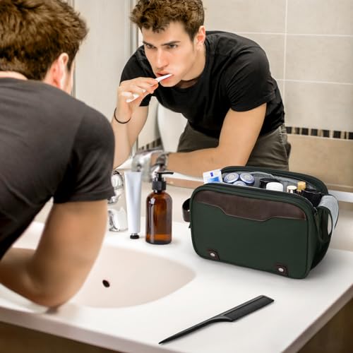 Image of Wedama Toiletry Bag for Men, Medium Hanging Travel Toiletry Bag, Extra Electronic Organizer Bag Waterproof Shaving Bag for Toiletry with PU Handle for Travel Business Trips Swim Camping, Green+ Brown