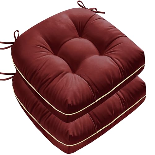 1 MIDDLE ONE Outdoor Chair Cushions Set of 2, Outdoor Cushions for Patio Furniture and Wicker Chair, Memory Foam Patio Seat Cushion Pads with Ties, 19 x 19 Inch (Burgundy)