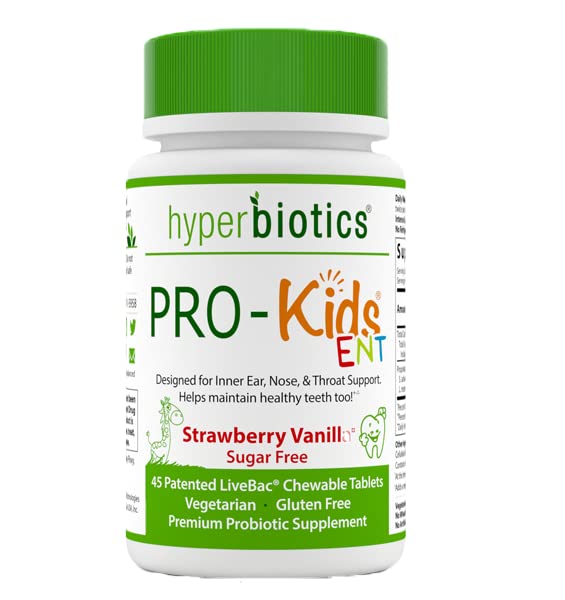 Hyperbiotics Chewable Probiotics for Kids ENT | Ears, Nose, Throat | Patented Tablets for Children, Strawberry Vanilla | Sugar Free | Digestive Health & Immune Support | 45 Count