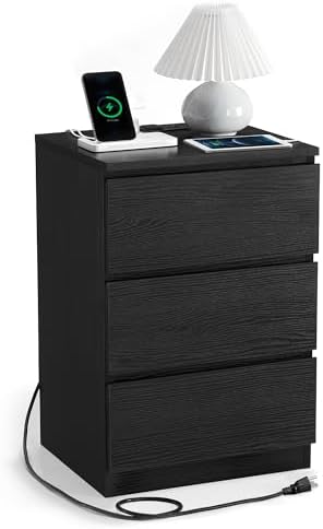 VASAGLE Nightstand with Charging Station, 2 AC Outlets and 2 USB Ports, Bedside Table, Side Table with 3 Drawers, Modern Style, 13.8 x 15.7 x 23.2 Inches, Ebony Black ULET631B58